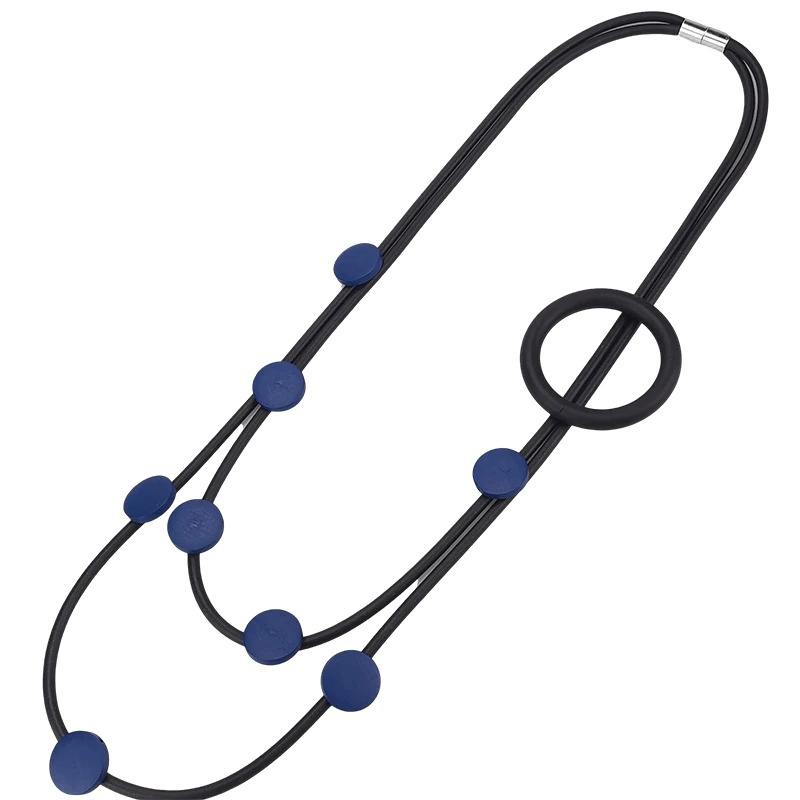 Stylish original gothic rubber necklace with blue beads for women. Perfect ethnic accessory to enhance any outfit.