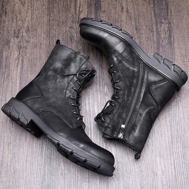 Original Genuine Leather Mid Calf Boots / Retro Thick Heel Lace Up Boots For Men - HARD'N'HEAVY