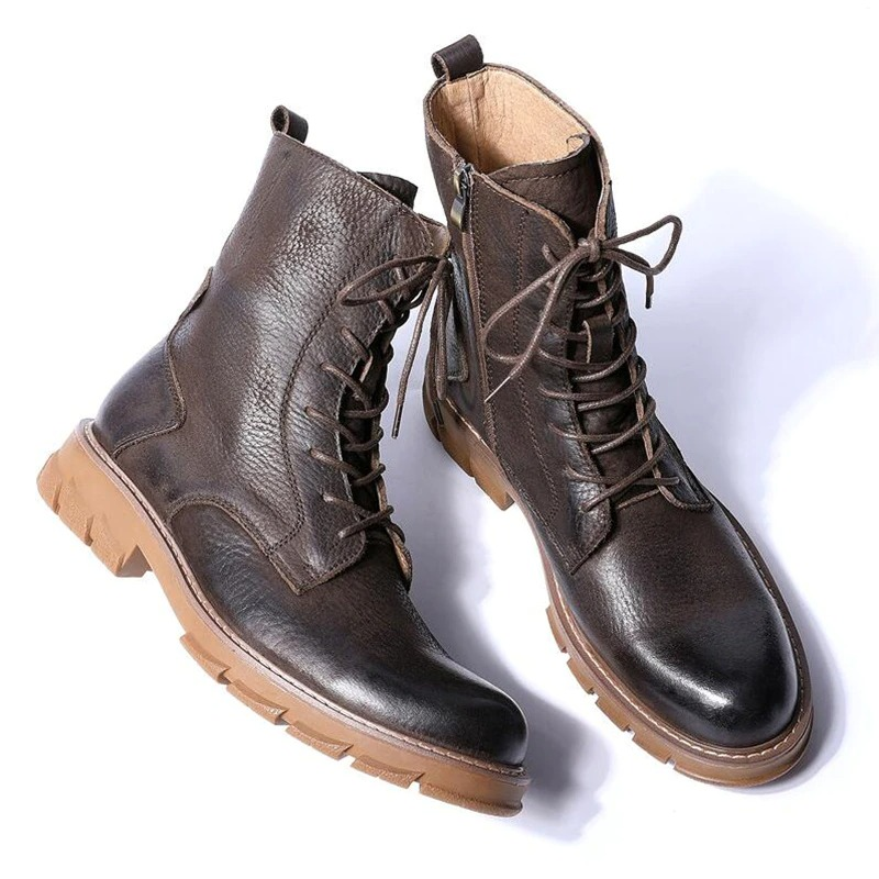 Original Genuine Leather Mid Calf Boots / Retro Thick Heel Lace Up Boots For Men - HARD'N'HEAVY