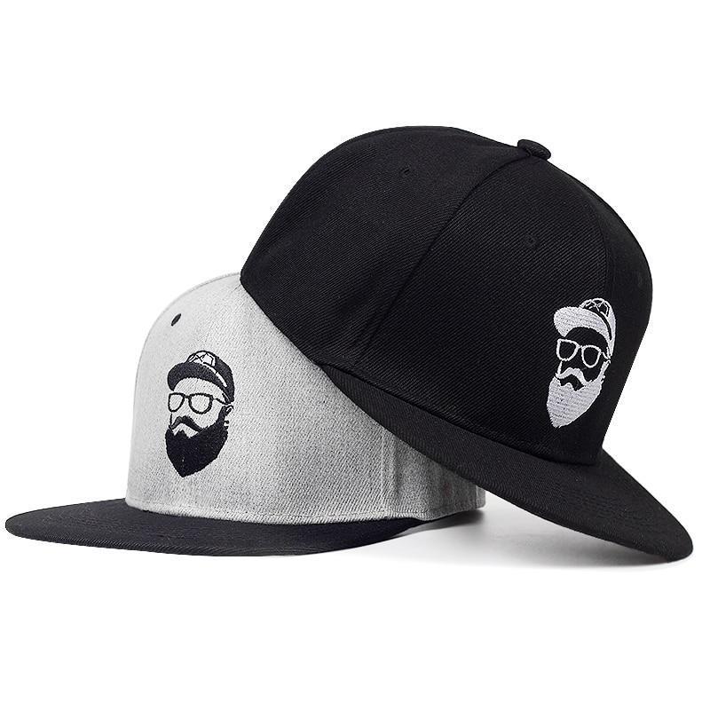 Rock style caps in black and gray featuring bearded man embroidery, perfect for men and women alternative fashion.