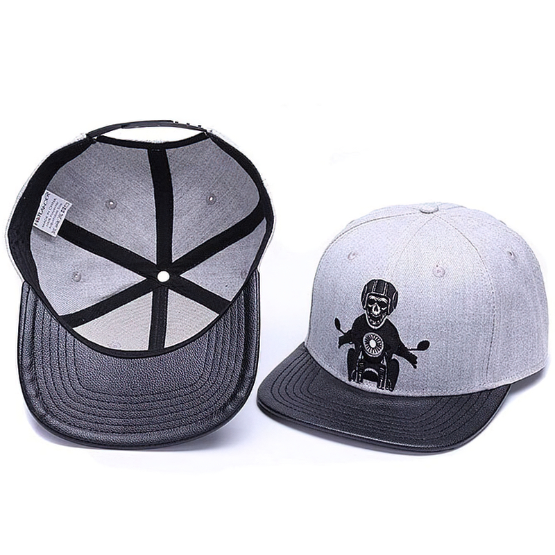 Gray unisex skeleton baseball cap with motorcycle design, adjustable snapback style for trendy casual outfits.