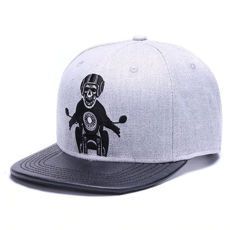 Gray unisex snapback baseball cap with embroidered skeleton riding a motorcycle, stylish punk rock accessory.