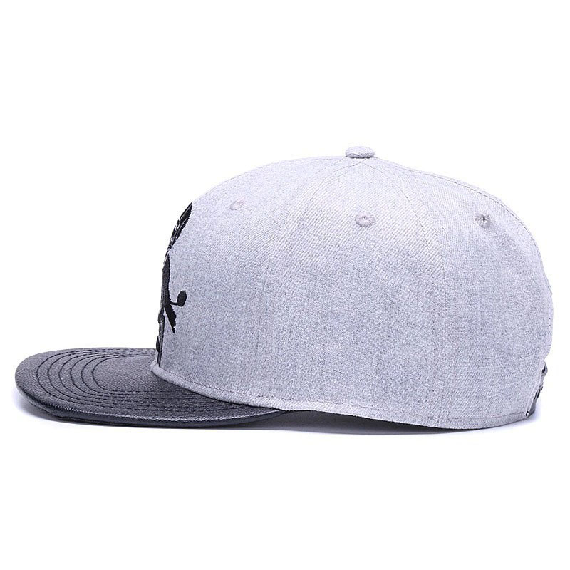 Gray unisex baseball cap with embroidered skeleton riding a motorcycle, stylish punk rock adjustable snapback.