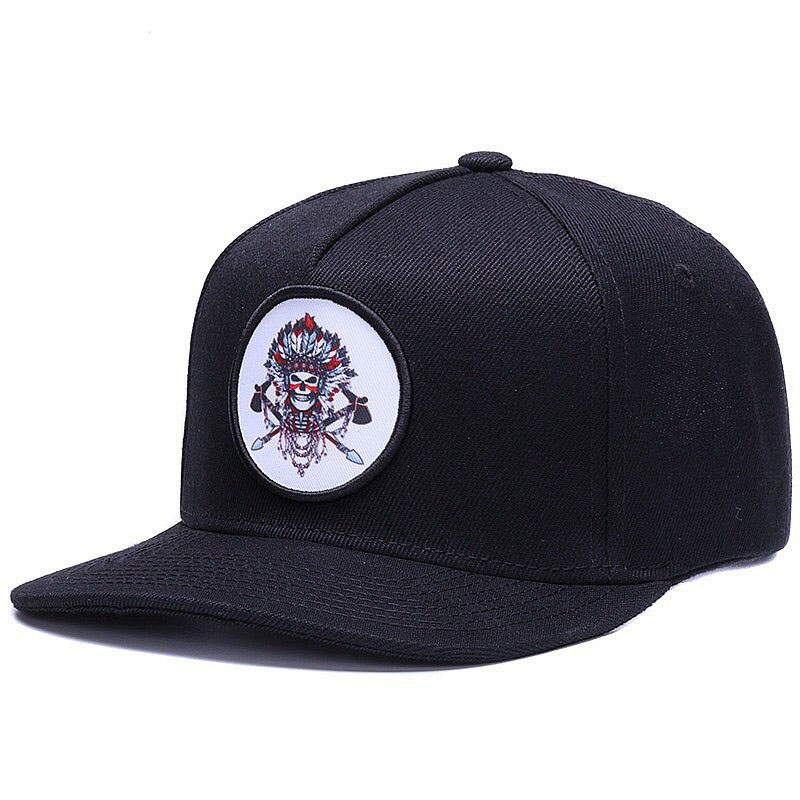 Unisex black snapback baseball cap featuring a vibrant embroidered skeleton design.