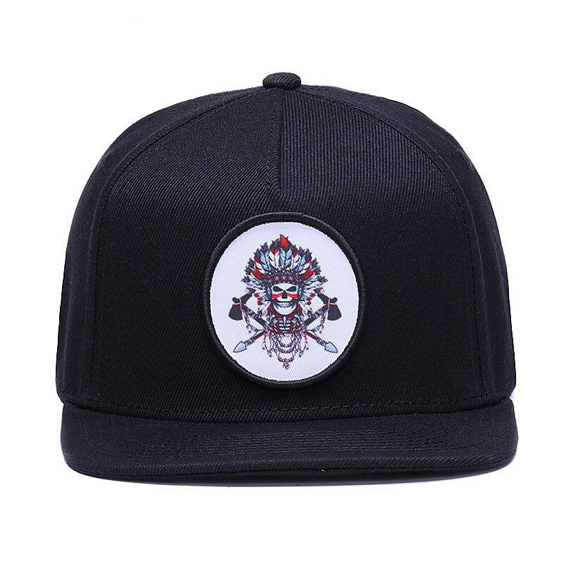Adjustable black snapback cap featuring an embroidered skeleton design, perfect for casual unisex style.