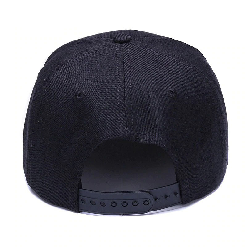 Back view of an adjustable black snapback baseball cap with a sleek design and strap.