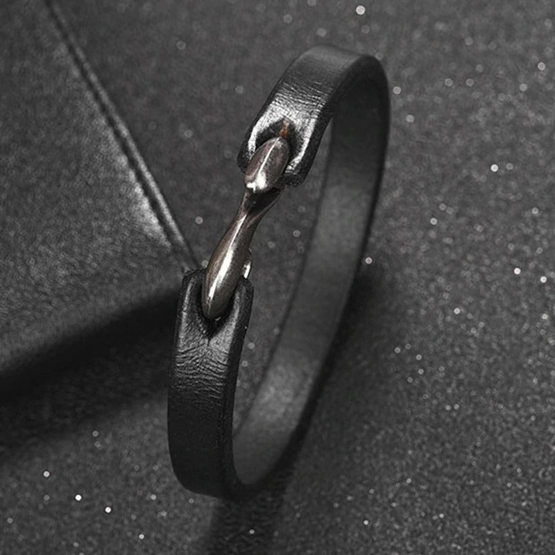 Vintage black genuine leather bracelet with copper alloy clasp, perfect for grunge style outfits.