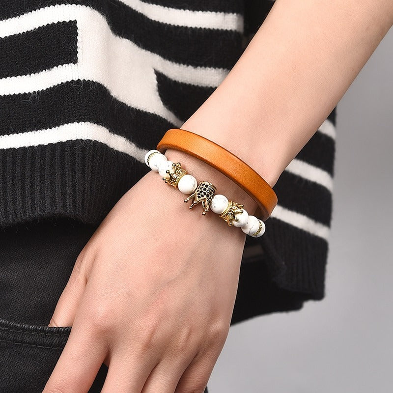 Unisex vintage brown leather bracelet with stylish beads, perfect for grunge outfits and casual wear.