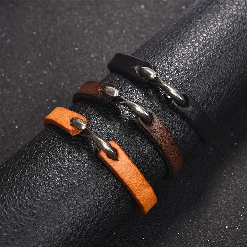Original style vintage leather bracelets for unisex in black, brown, and orange, featuring metal clasps.