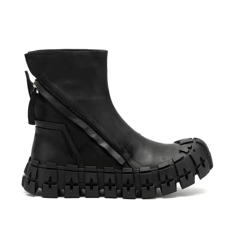 Original thick-soled black ankle boots with side zippers, perfect for motorcycle and punk style fashion.