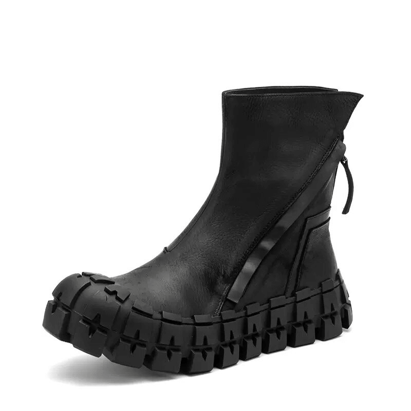 Original thick-soled black ankle boots with zipper, perfect for motorcycle and punk style fashion.