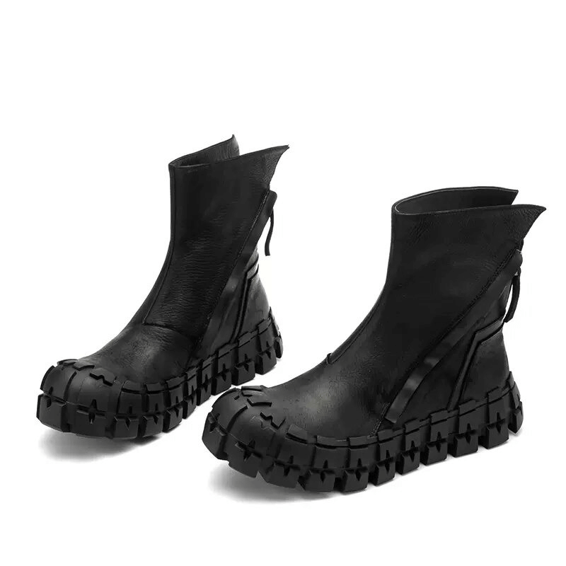 Original thick-soled black ankle boots with side zippers, perfect for motorcycle and punk style outfits.