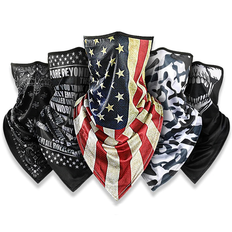 Variety print outdoor scarf masks featuring biker designs, including American flag, skull, and camouflage patterns.