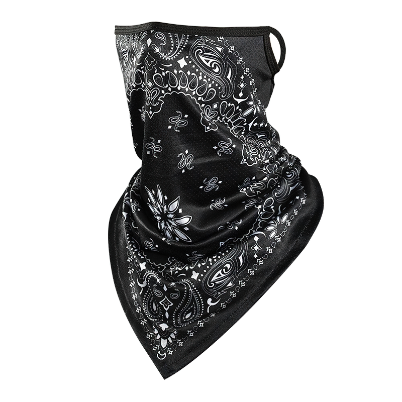 Black and white bandana scarf mask for outdoor use, stylish print for men and women, perfect for biking and adventure.