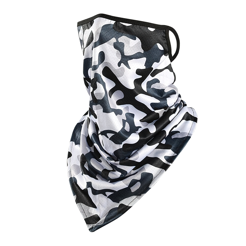 Outdoor scarf mask in a stylish black and white camo print, perfect for men and women, breathable for active wear.