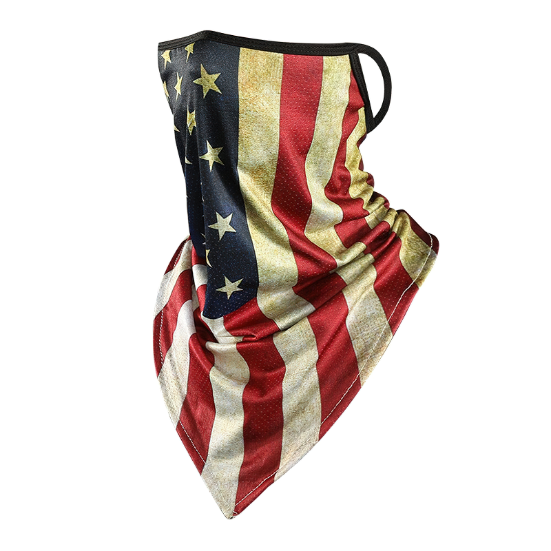 Stylish outdoor scarf mask featuring a distressed American flag print, perfect for biking and outdoor activities.