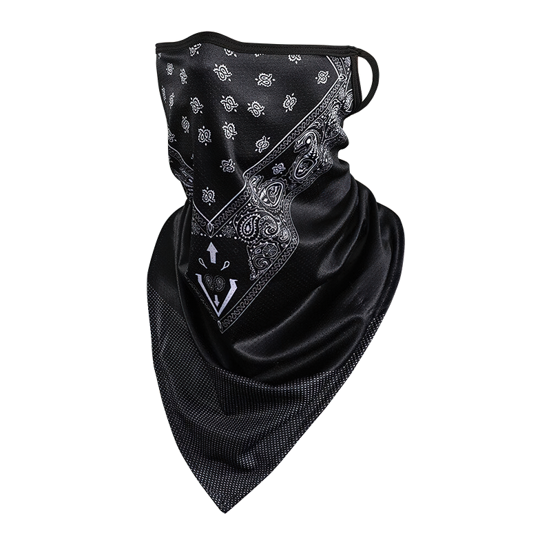 Black outdoor scarf mask with intricate prints, perfect for biking and outdoor activities for men and women.