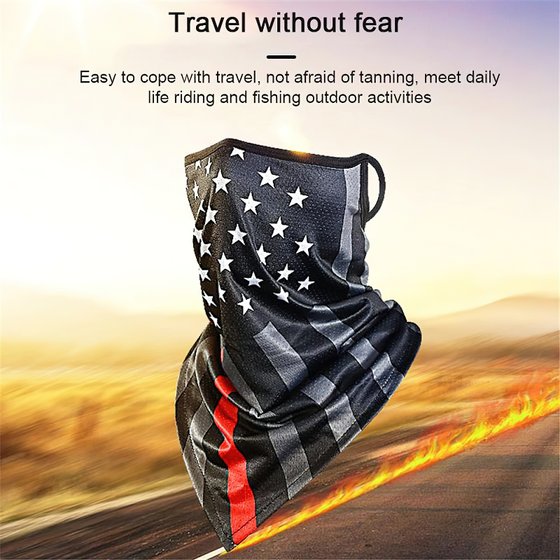 Outdoor scarf mask with American flag print, perfect for travel, biking, and fishing activities.