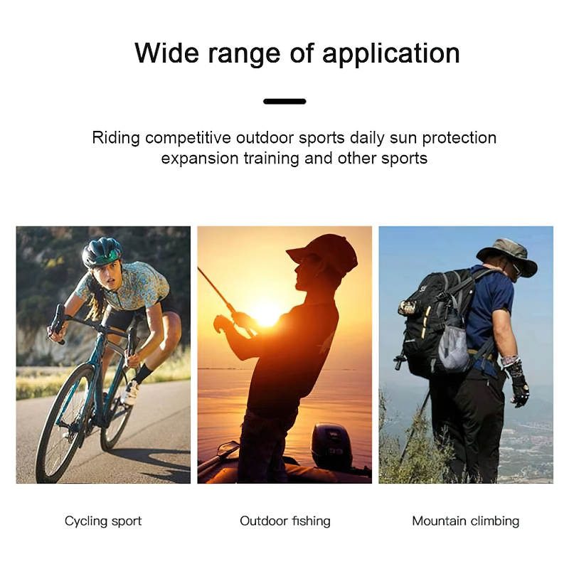 Outdoor activities showcased: cycling, fishing, and mountain climbing for effective sun protection with versatile scarf masks.