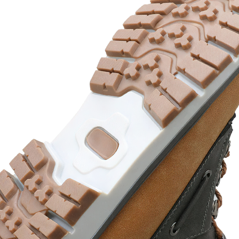 Close-up of the durable, rugged sole of outdoor waterproof men's motorcycle boots with thick plush warmth.