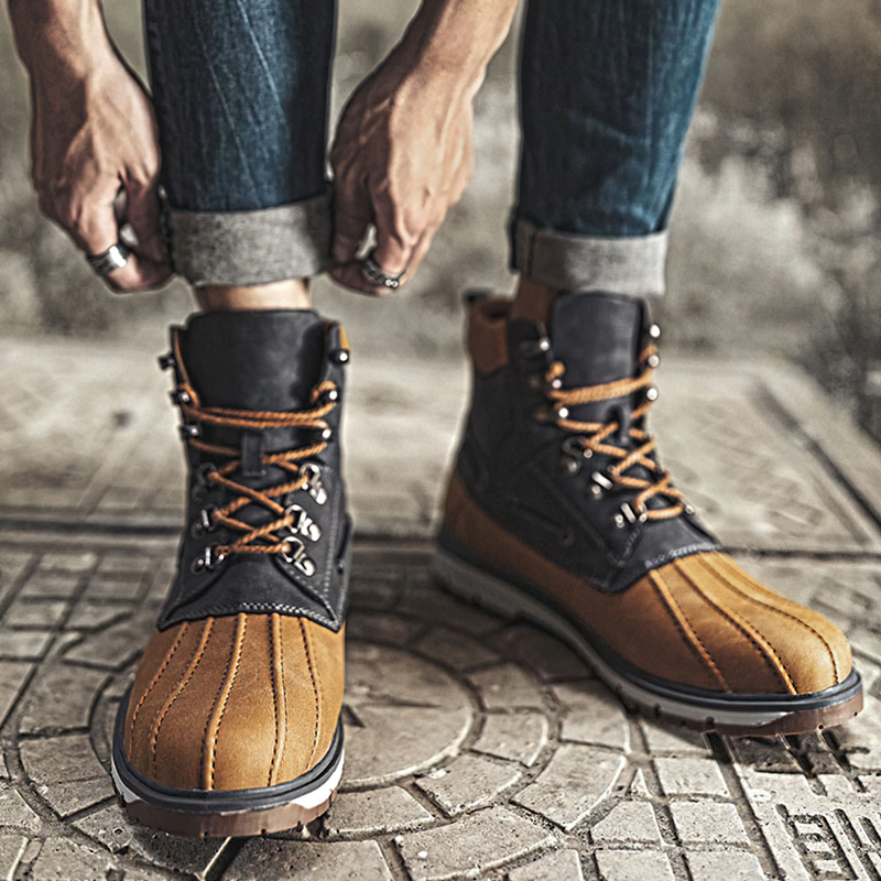 Stylish outdoor waterproof men's motorcycle boots with thick plush lining, perfect for snow and casual wear.