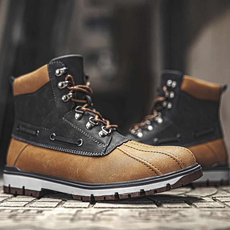 Outdoor waterproof men's motorcycle boots in brown, perfect for snow and casual wear with a modern design and plush lining.