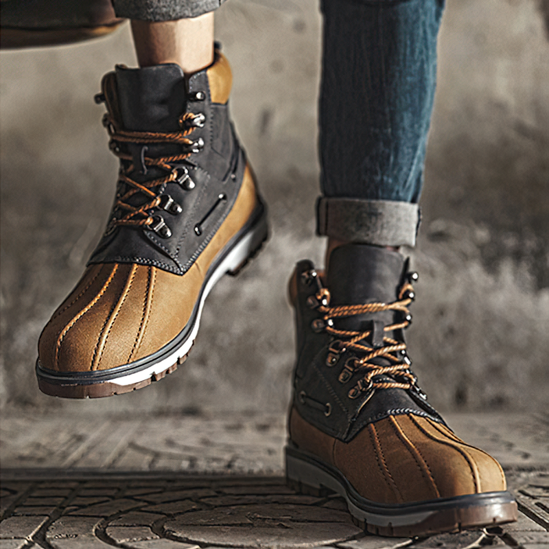 Stylish outdoor waterproof men's motorcycle boots in brown with fur, perfect for casual wear and winter adventures.