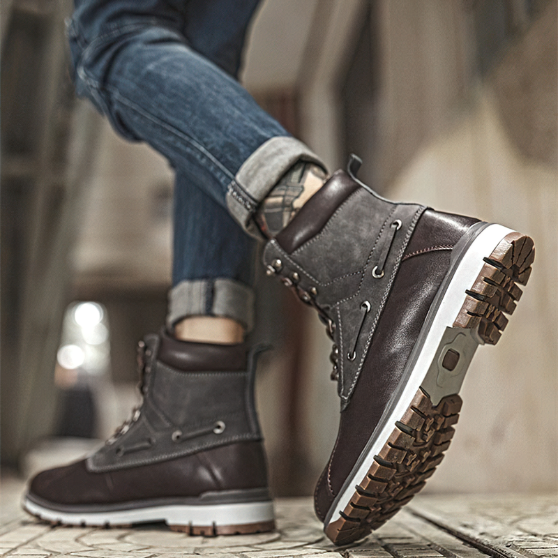 Men's outdoor waterproof motorcycle boots, stylish casual design in gray and brown, perfect for snow and comfort.