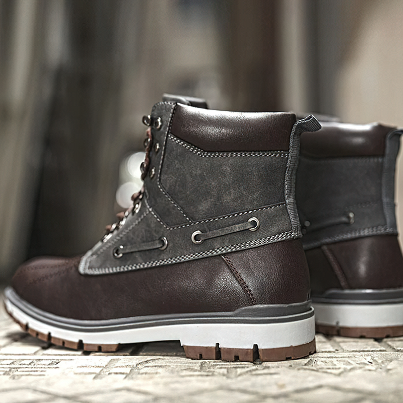 Stylish outdoor waterproof men's motorcycle boots in brown and gray, perfect for comfort and warmth in snowy conditions.