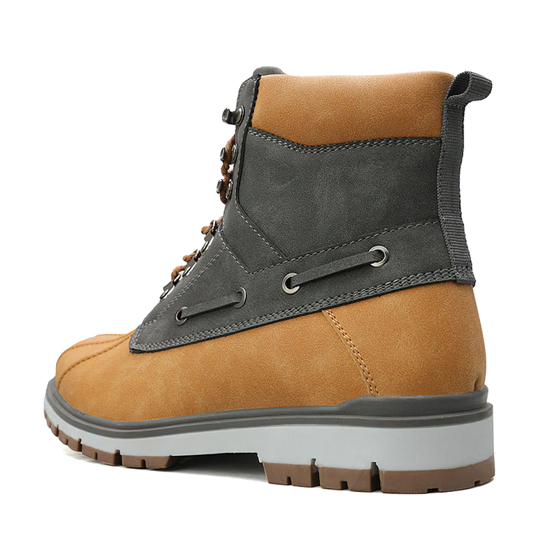 Side view of men's waterproof motorcycle boots featuring brown and gray colors, perfect for outdoor adventures.