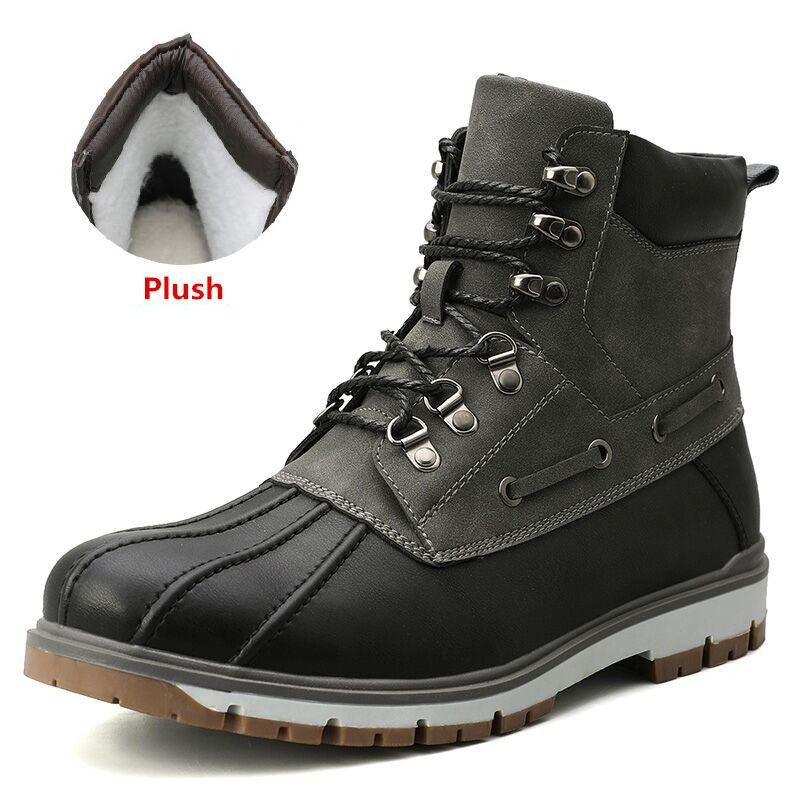 Stylish outdoor waterproof men's motorcycle boots with plush lining for warmth and comfort in various colors.