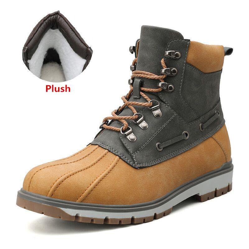 Stylish outdoor waterproof men's motorcycle boots with plush lining, perfect for snow and casual wear in modern design.