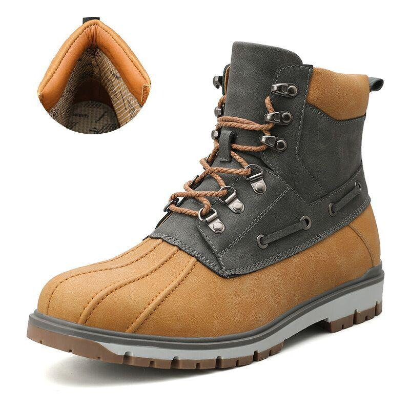 Outdoor waterproof men's motorcycle boots in brown with thick plush lining for warmth and comfort.