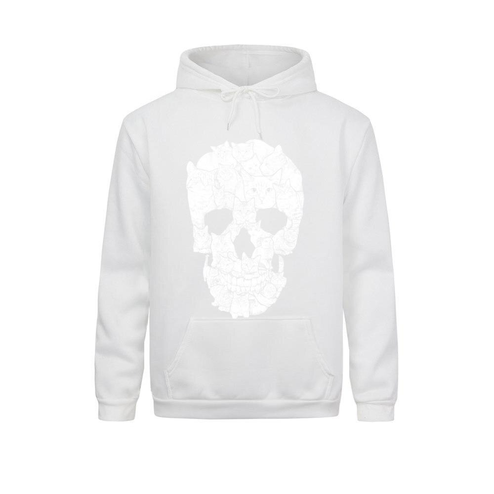 Oversize men's white hoodie with a unique skull and cat print, perfect for gothic style lovers.