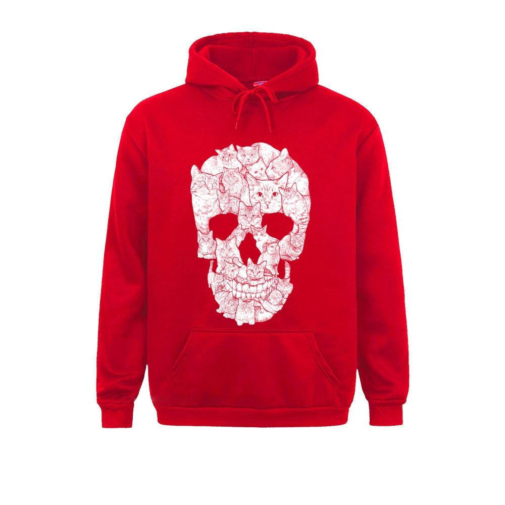 Oversize red men's hoodie featuring a unique white skull print and front pockets, perfect for gothic style lovers.