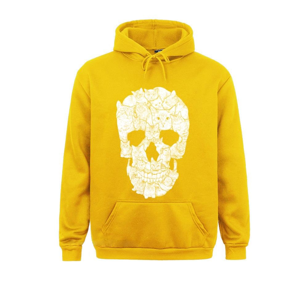 Oversize yellow men's hoodie featuring a skull print made of cats, perfect for gothic rock style lovers.