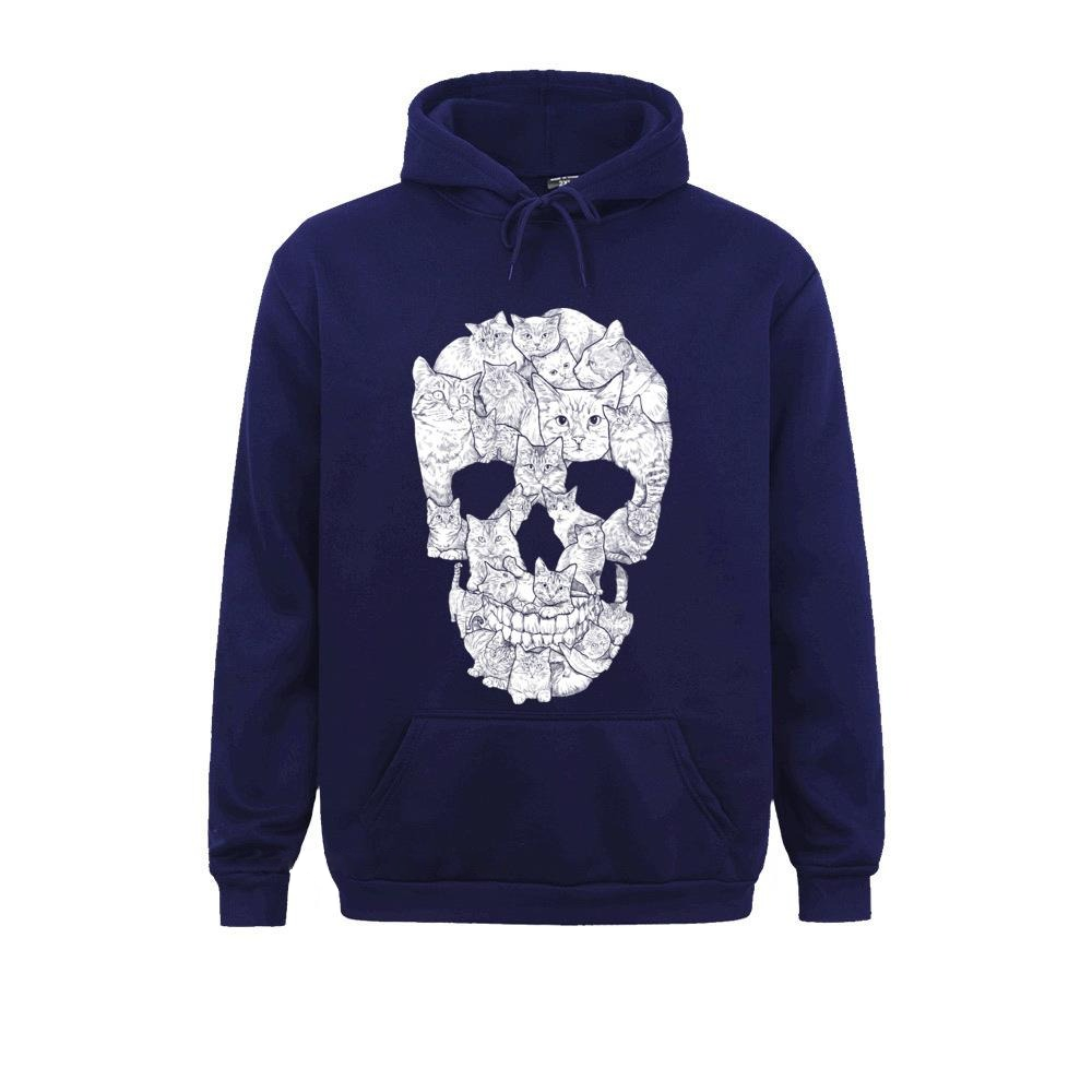 Oversize men's navy hoodie featuring a unique white cat skull print, perfect for gothic rock style enthusiasts.