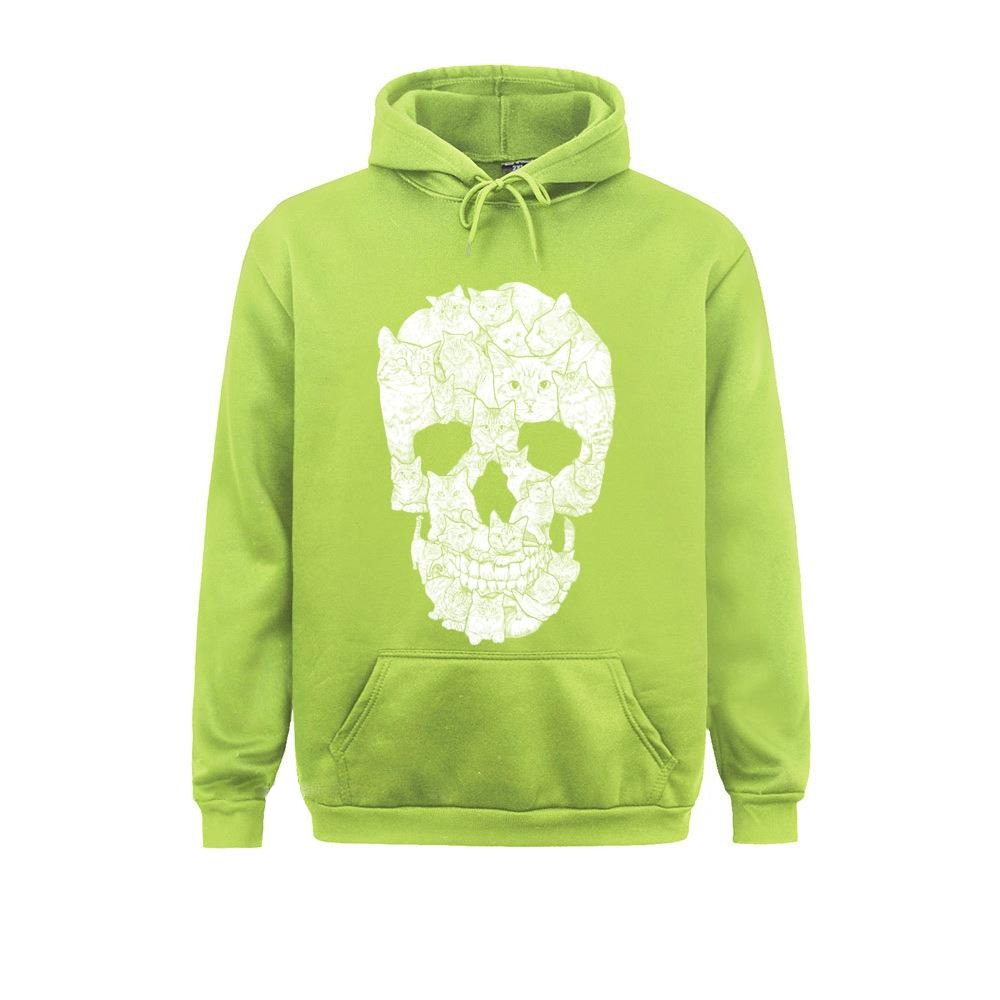 Oversize men's skull print hoodie in vibrant green, featuring cat designs, perfect for gothic rock style.