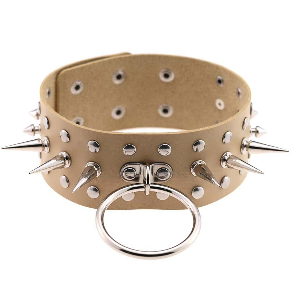 Oversized faux leather spiked choker with ring for gothic and rock styles.