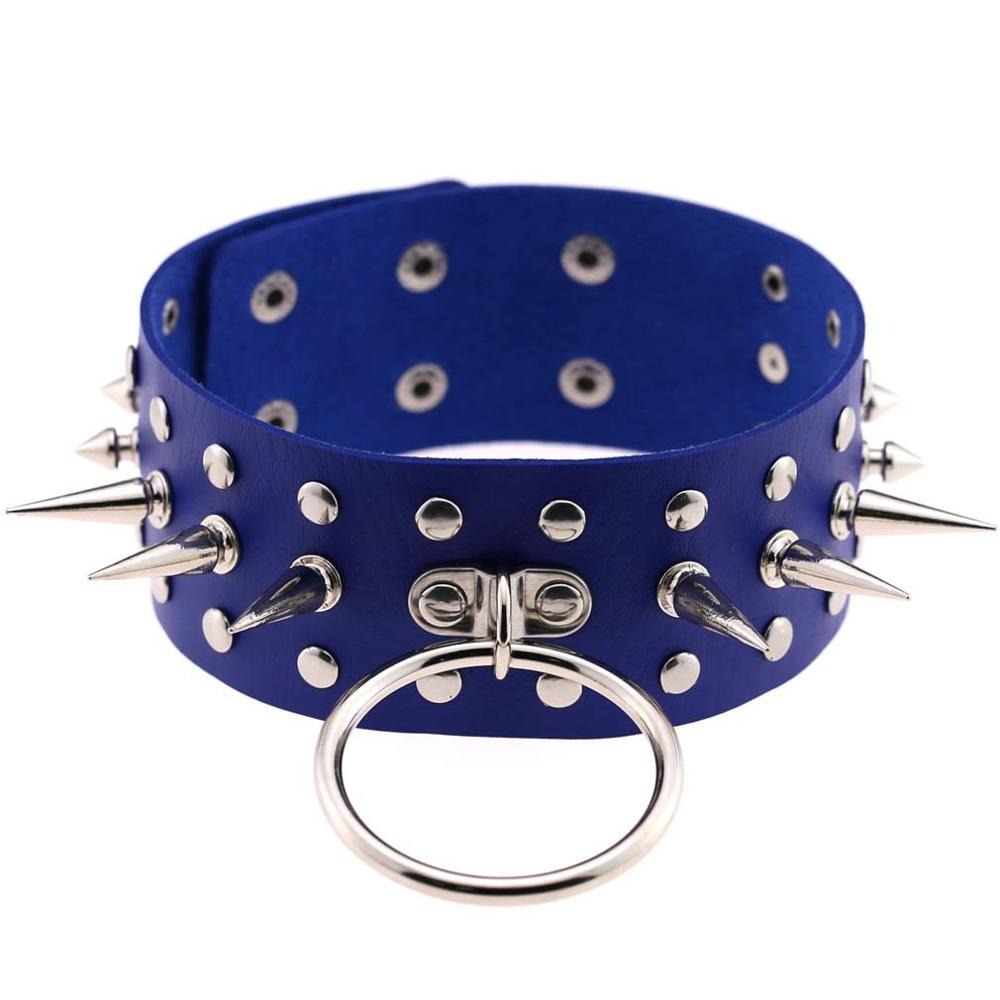 Oversized blue spike choker with metal ring and studs, perfect for gothic cosplay and edgy fashion.