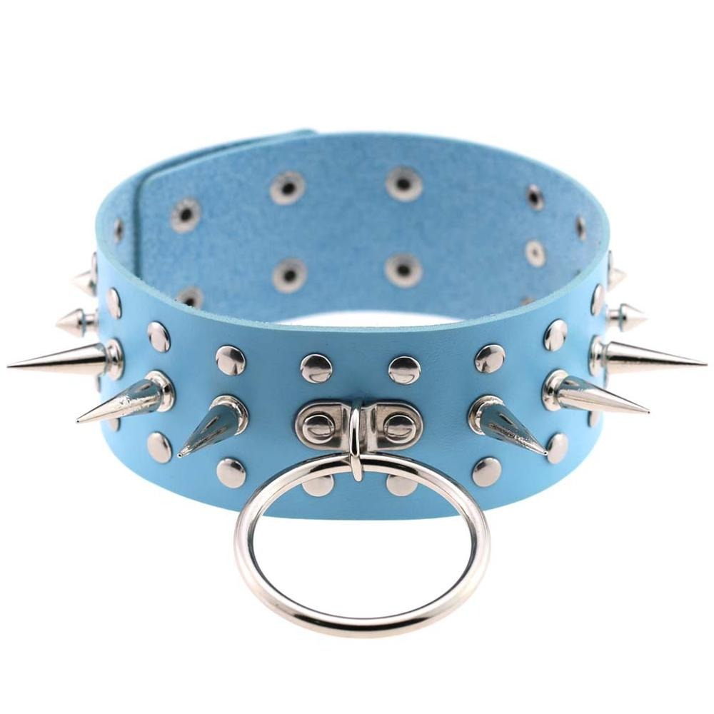 Oversized blue faux leather choker necklace with metal spikes and ring, perfect for gothic and rock styles.