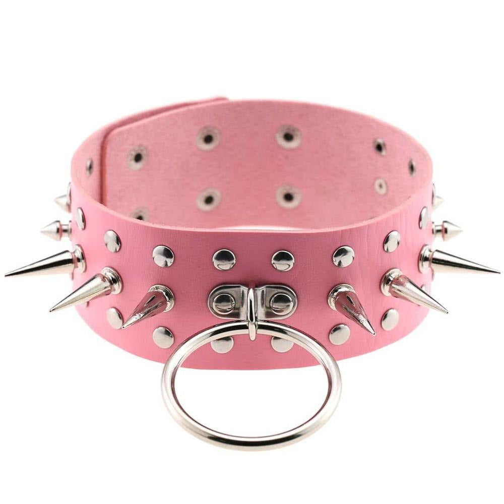 Pink oversized spike choker collar with metal spikes and ring, perfect for gothic and punk fashion.