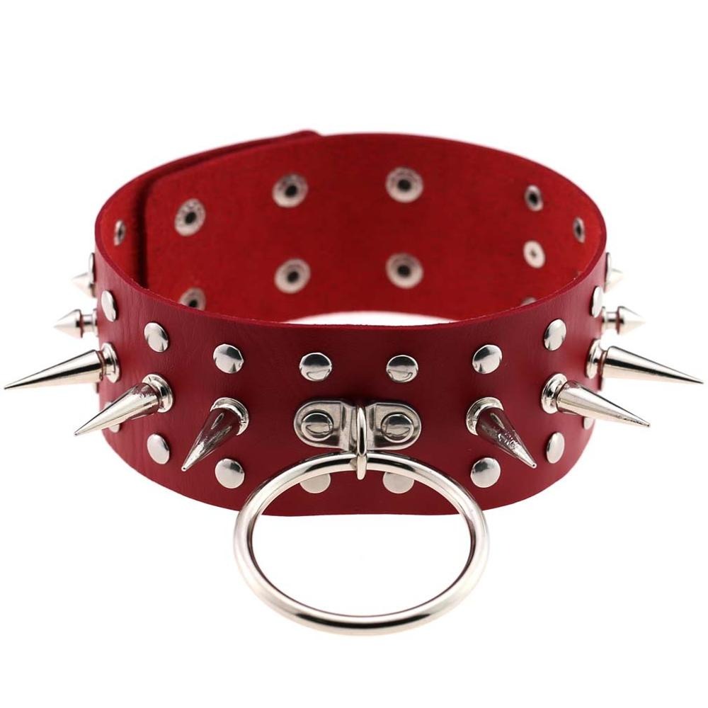 Oversized red faux leather choker with spikes and ring, perfect for gothic, rock, and cosplay styles.