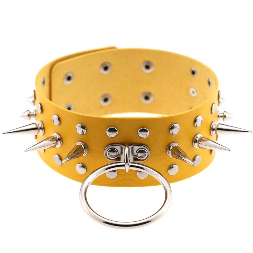 Oversized yellow faux leather spike choker with metal ring, perfect for gothic and punk fashion.