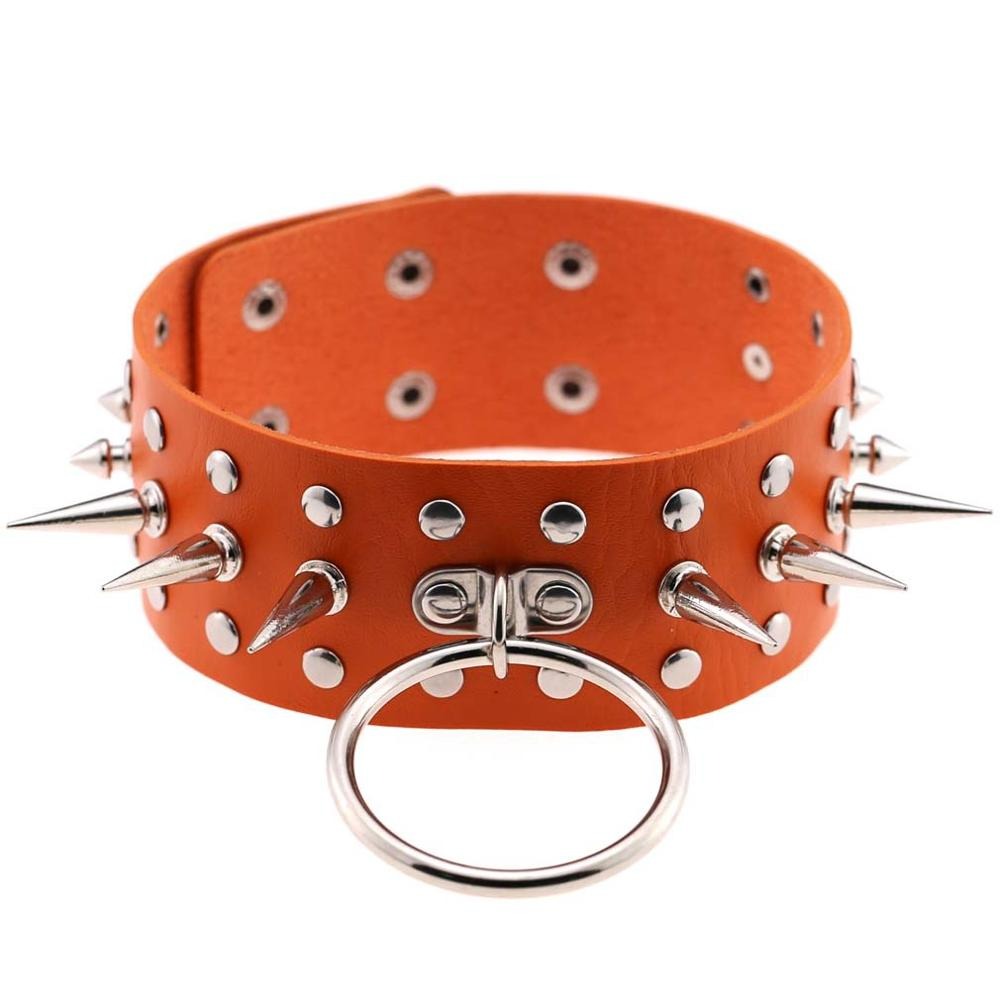 Oversized orange faux leather spike choker with metal ring and studs, perfect for gothic and punk fashion.