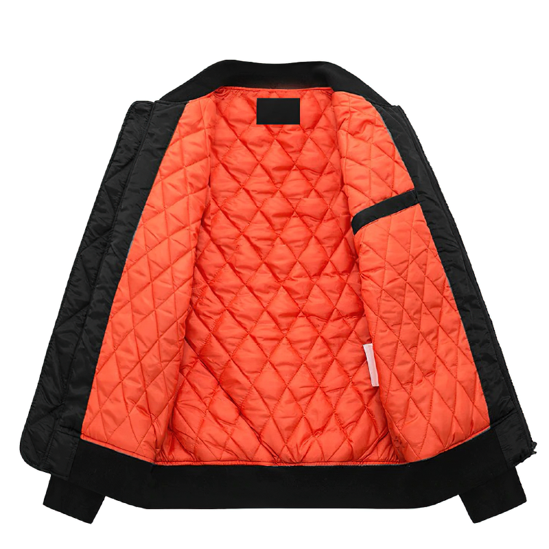 Men's padded jacket interior featuring a quilted orange lining and oversized design, perfect for casual streetwear styles.