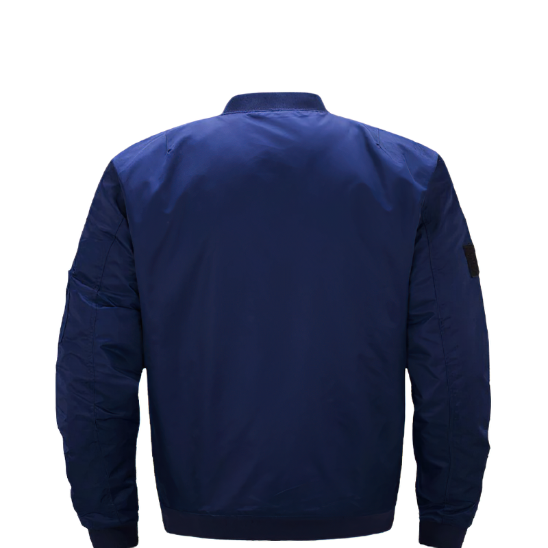 Back view of a men's oversized padded jacket in navy blue, showcasing its casual style and modern design.