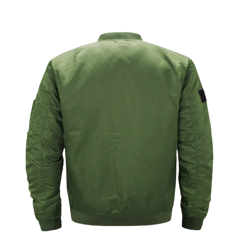 Back view of a men's oversized padded jacket in green, featuring a sleek design and side pockets for casual wear.