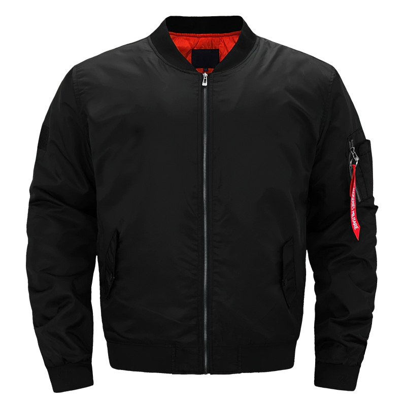 Men's oversized black padded jacket with thick zipper and vibrant red lining, perfect for casual streetwear.