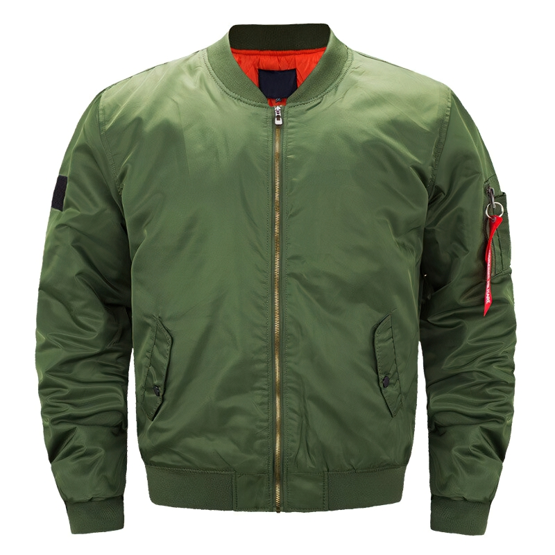 Men's oversized padded bomber jacket in olive green with thick zipper and side pockets, perfect for casual streetwear.